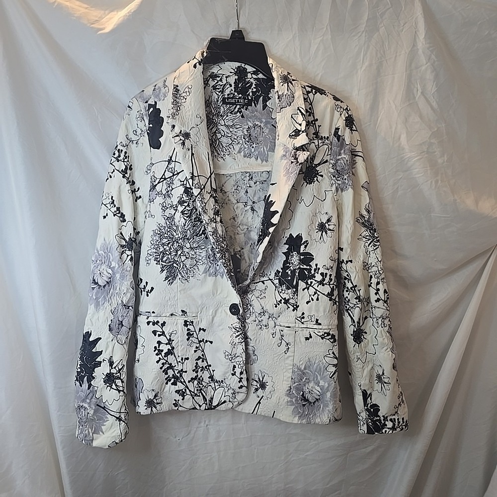 Lisette-L Women's‎ Suit Jacket Blazer Sz L White Black Gray Floral Embroidered